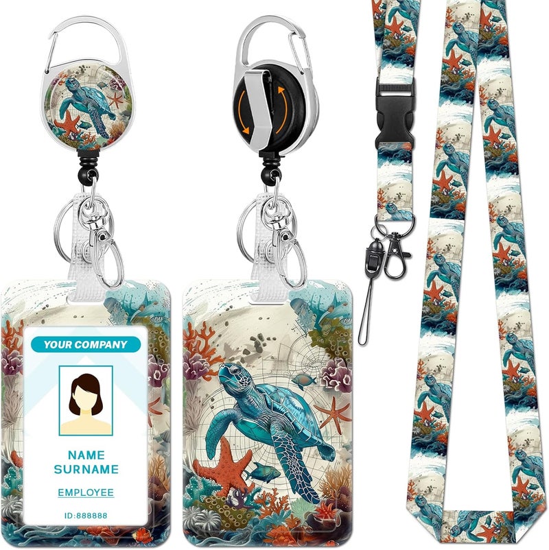 Hancynir Lanyards for Id Badges, Sea Turtle Badge Holder with Retractable Reel Clip, Work Name Tags Keychain Lanyard ID Card Protector Cover Case for Women Teacher Nurse Nursing Doctor Office - Image 1